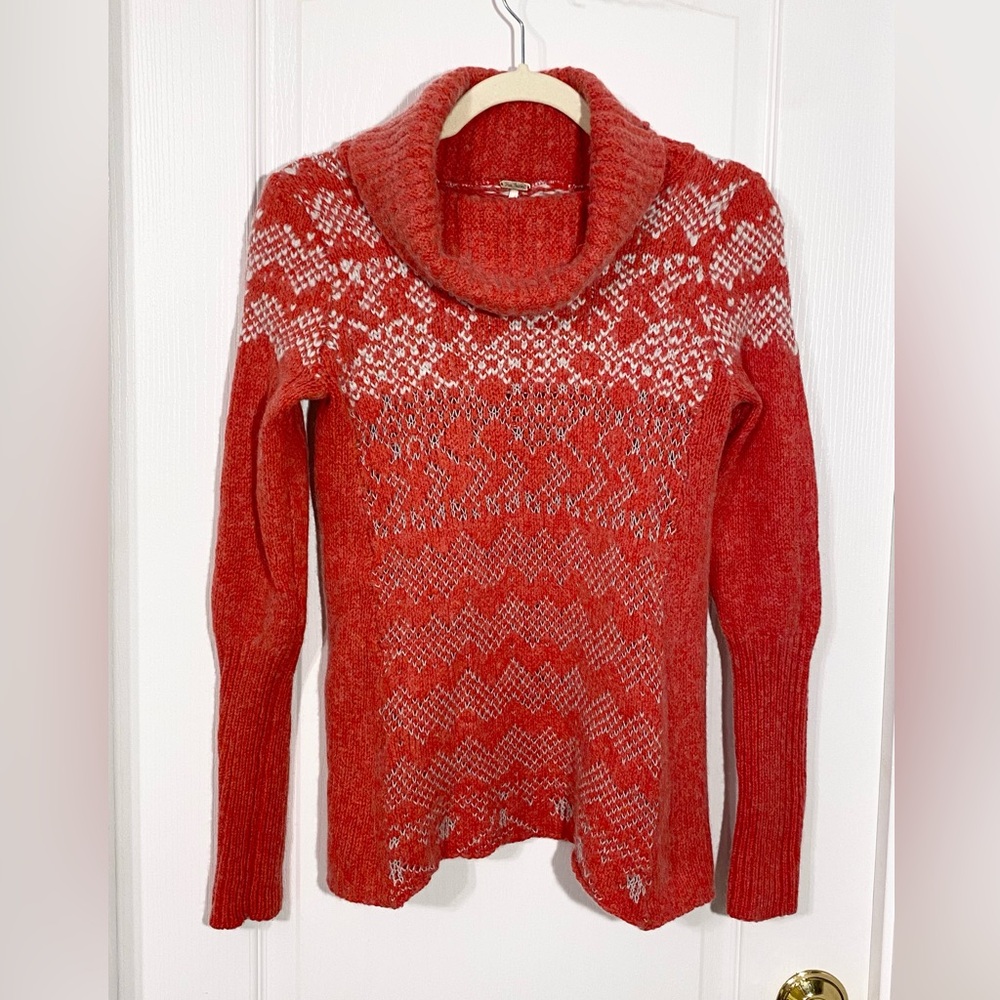 Y2K VTG Free People Fair Isle Wool Blend Cowl Neck Sweater Red White Size XS